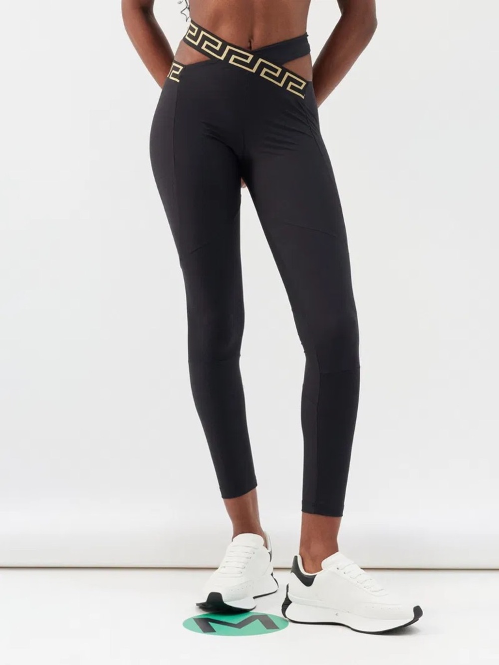Versace Black and Gold Greek Key Cutout Waistband Leggings — S